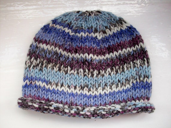 Child's hat, knit, chunky wool, fair isle effect, blue, purple, child or small size