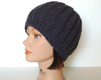 Charcoal Gray 100% Wool Ribbed Beanie Hand Knit by Lynne