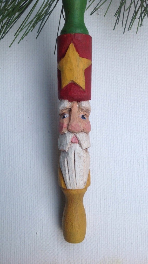Hand Carved Primitive Santa Rolling Pin Christmas Ornament