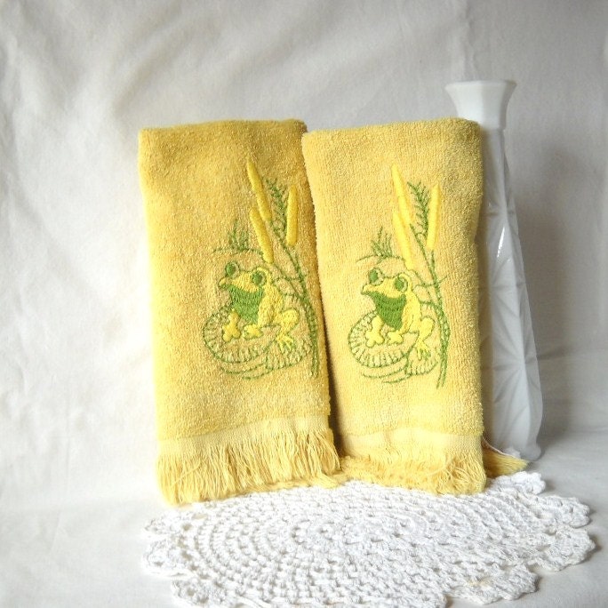 Vintage Hand Towels Mustard Yellow Frog Towels