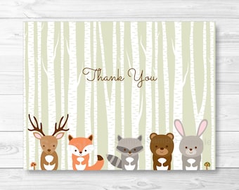 Woodland Forest Animals Folded Thank You Card Template / Fox Deer Bear Raccoon / Woodland Baby Shower PRINTABLE Instant Download