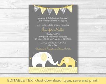 Cute Elephant Baby Shower Invitation / Elephant Baby Shower Invite / Chevron Pattern / Yellow & Grey / INSTANT DOWNLOAD Editable PDF