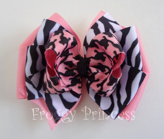 Pink and Black Hair Bow Boutique Bow No Slip Velvet Grip