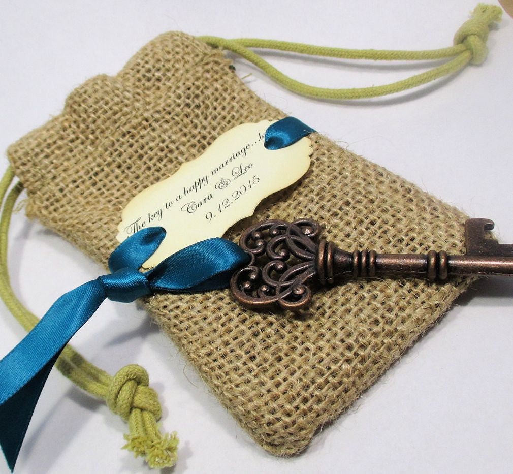 Key Bottle Opener Wedding Favor Burlap Bag Skeleton Key