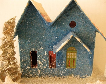 Vintage Blue Putz House with Red and White Brick Roof with Fench