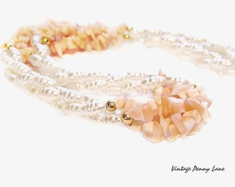 Coral Bead Necklace, Glass Faux Pearls