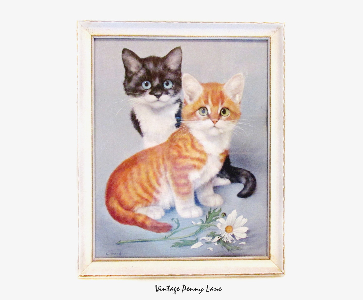 Vintage Cats Print Art Wood Framed Kittens