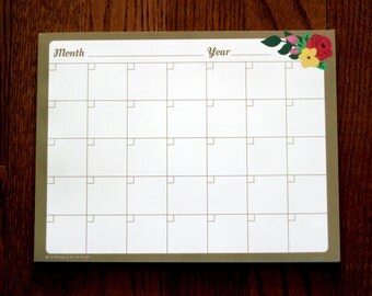 Pretty Flora Monthly Calendar Notepad: Handdrawn flowers, gold, desk pad, month