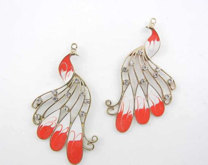 Large Pair of Gold-tone Red and White Epoxy Peacock Charms Rhinestones