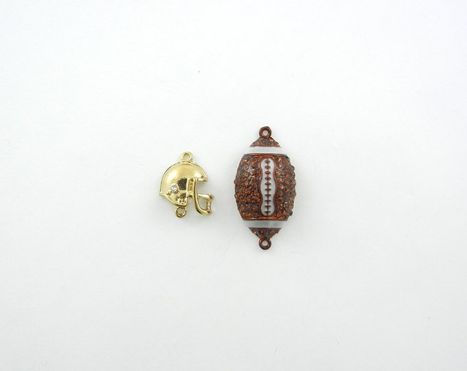 2 Double Link Football Themed Charms Gold-tone Brown Rhinestones