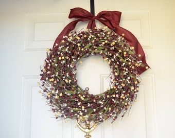 Burgundy Cream Holiday wreath - Year round wreath - mixed berry wreath - Front Door Decor