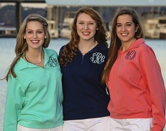 Monogram Pullover Quarter Zip Sweatshirt Preppy Sweater - FLASH SALE 20