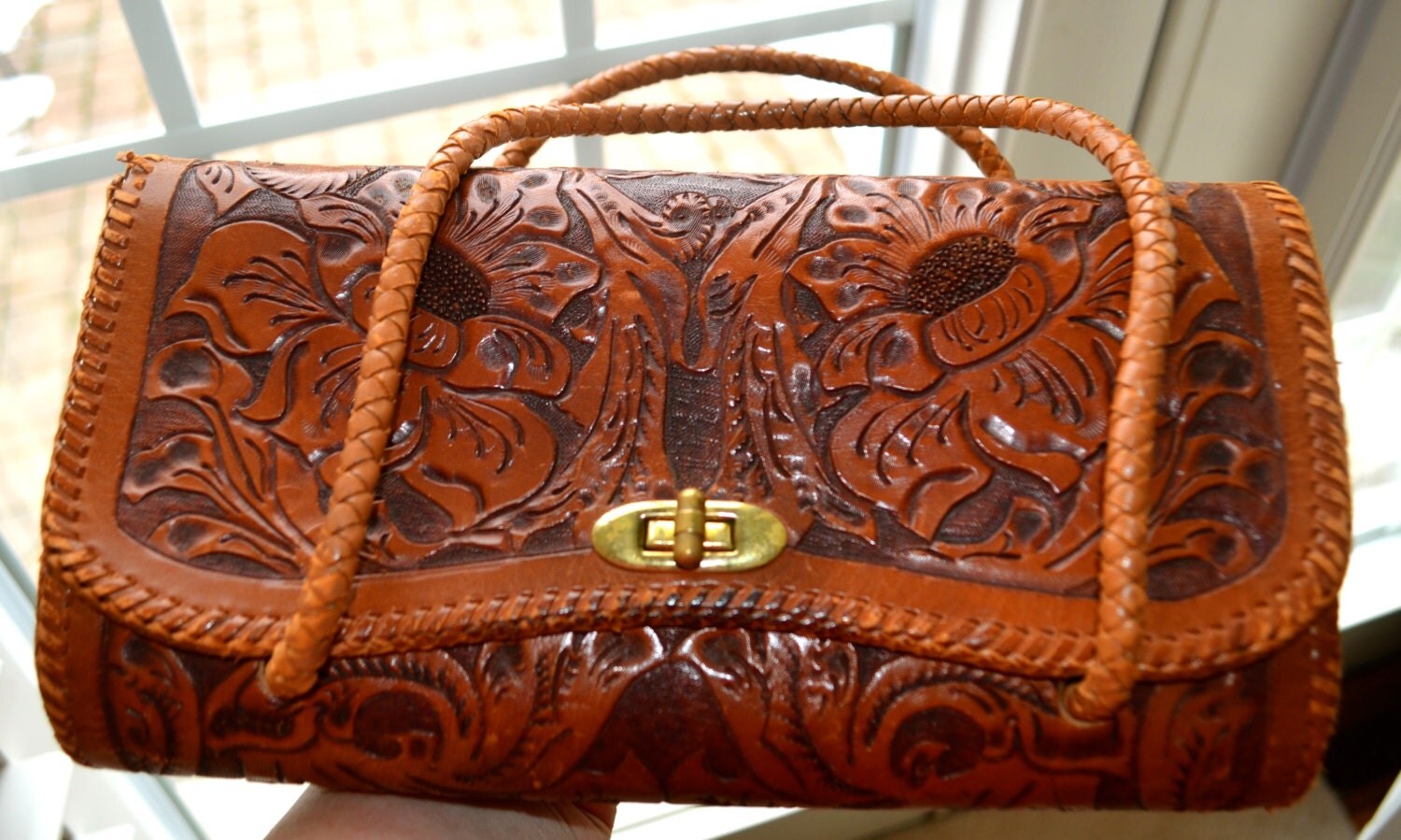 Vintage Leather Hand Tooled Purse in Sunflower by StudioVintage