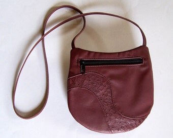 Marsala Leather Purse with Ostrich Leather Inlay - Crossbody Style Festival Bag - Medium Round Burgundy Handbag