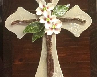 Handmade Pottery Cross, Dogwood Flowers