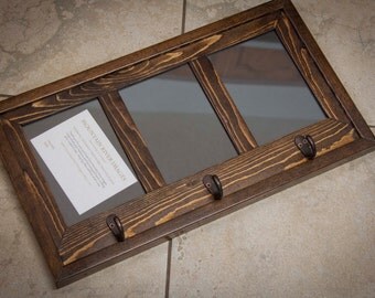 MULTI 3 Opening 5x7 distressed pine collage picture frame with antique colored coat hooks to hang bags, coats, keys....glossy dark walnut