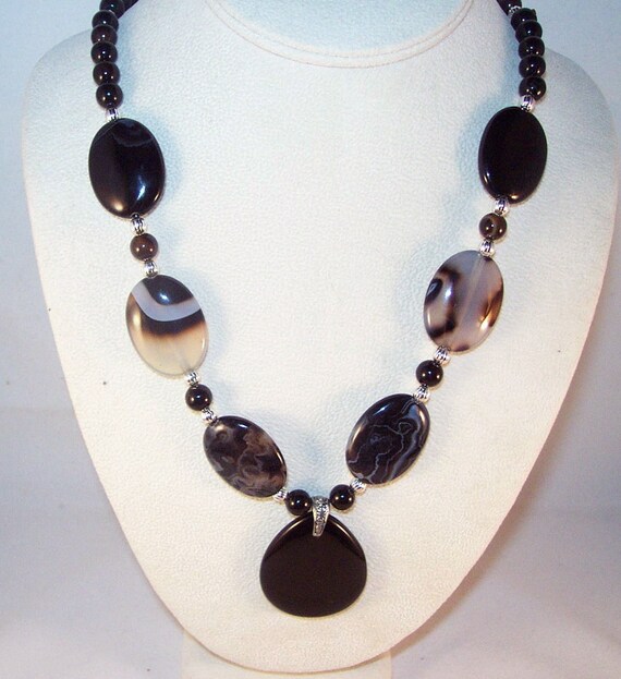 Banded Black Agate and Black Onyx Necklace