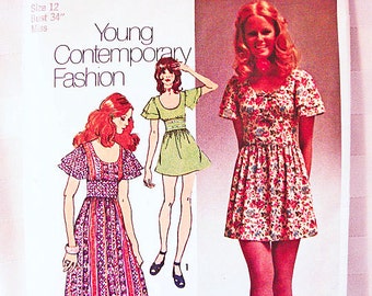 1970s Boho Maxi Dress Pattern Misses size 12 Simplicity Young Contemporary Pattern Long Dress, Mini Dress Vintage Pattern