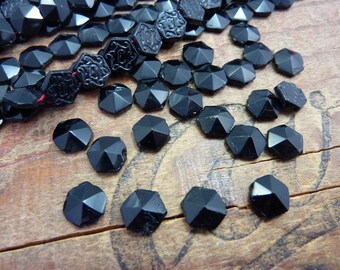 Antique Mourning Jet Glass Beads 9mm Hex (12) JET127