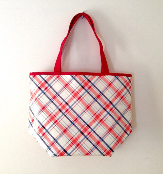 Large Laminate Cotton Tote Beach Bag - Preppy Plaid