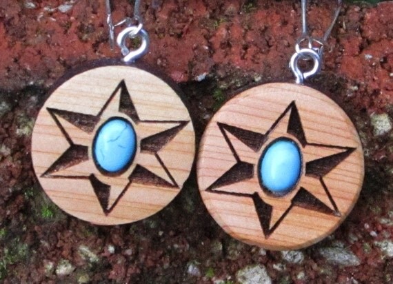 Star and Turquoise Wood Earrings-  In Juniper Wood with Turquoise  (043)- Wooden Jewelry, Boho Jewelry