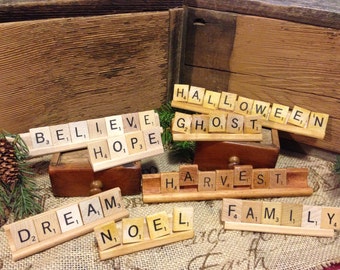 Vintage Scrabble Trays and Tiles Primitive Country Prim Shelf Sitter - FREE SHIPPING in USA