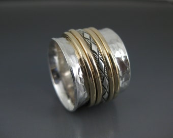 uber wide sterling spinner ring with five mixed metal spinners, cocktail ring, meditation ring, fidget ring, silver and gold ring