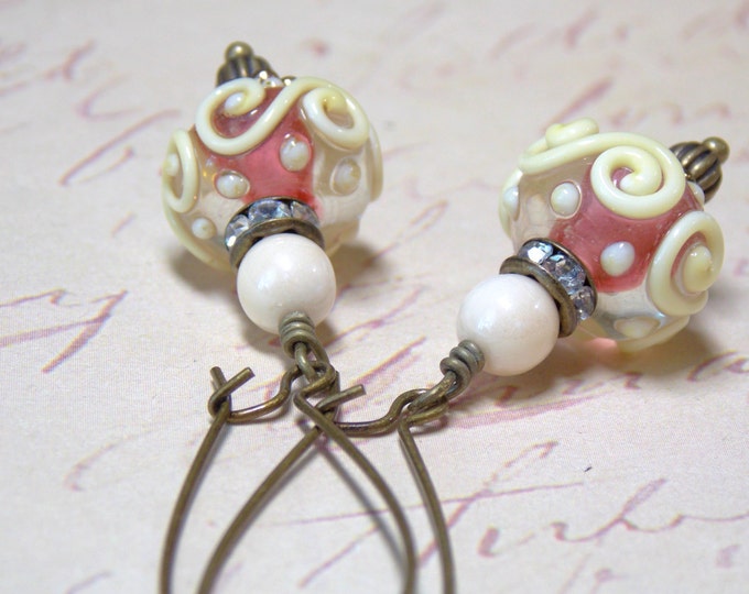 Ivory Swirl Earrings, Pink Lampwork Earrings,Ivory And Pink Earrings, Rhinestones Antique Brass Czech Beaded Earrings