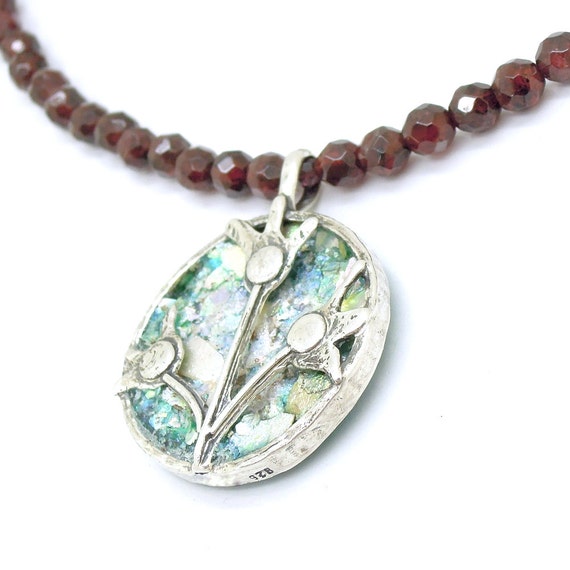 Items similar to Garnet beads necklace with silver flowers & roman ...