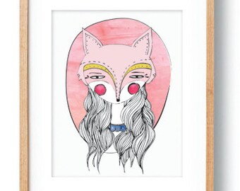 Giclee Print Wall Art Decor Whimsical Art Print Woodland Poster Girl's Room Wall Art Poster Pink Yellow Fox Girl Portrait Kids Room Decor