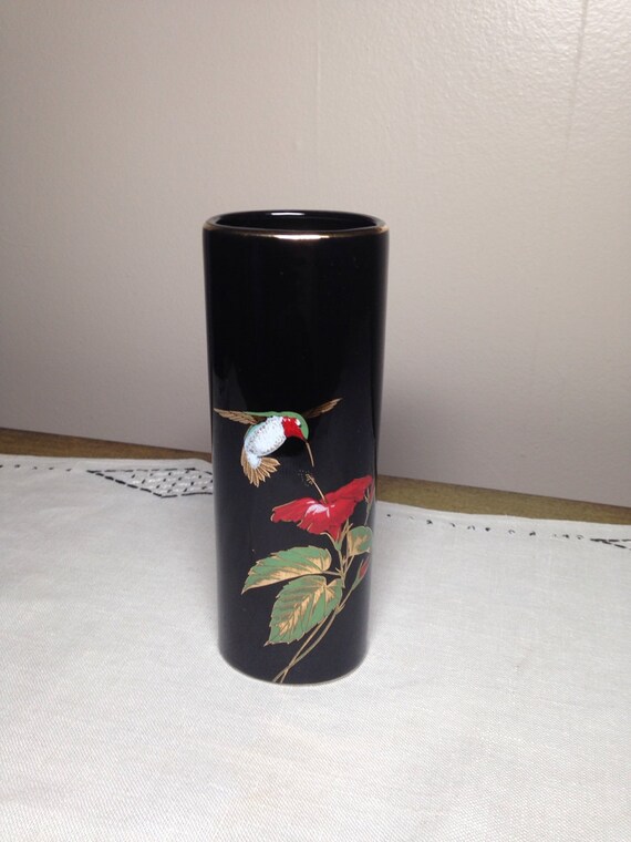 Vintage Otagiri Bud Vase HUMMINGBIRD WITH HIBISCUS Black Red
