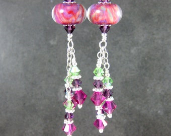 Pink Purple & Green Glass Dangle Earrings, Colorful Crystal Earrings, Boho Earrings, Boro Lampwork Earrings, Silver Earrings, Boho Jewelry