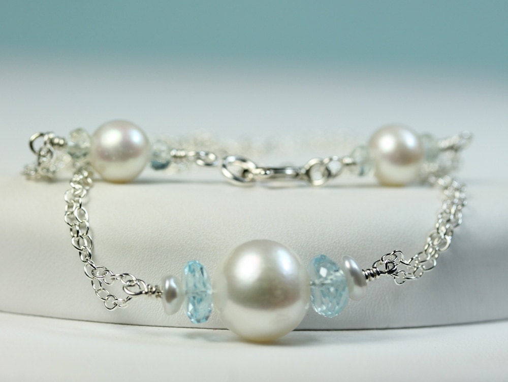 Single Pearl with blue Topaz necklace sterling silver cable