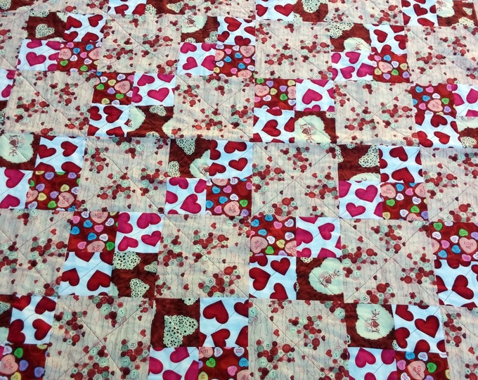 Handmade Heart Lap Quilt, Heart Decor, Red and White Blanket, Pink Heart Decor