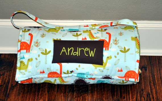 Nap Mat - Monogrammed Dinosaur Nap Mat with Jade Green Minky Dot Blanket