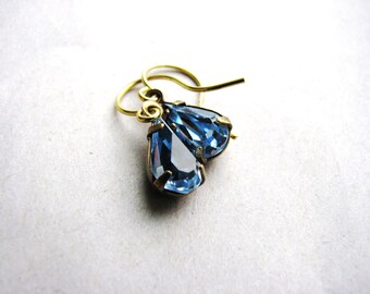 Blue Glass Jewel Earrings Vintage Cut Gems Tear Drop Estate Style Minimalist Modern Bridal Jewelry Sparkly