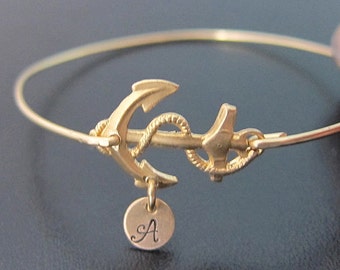 Anchor Bracelet, Womens Personalized Anchor Jewelry with Hand Stamped Initial Charm, Sailing Gift for Sailor, Nautical Jewelry