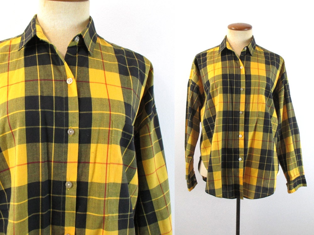 1980s Plaid Shirt Womens Button Down Gold Black Lumberjack