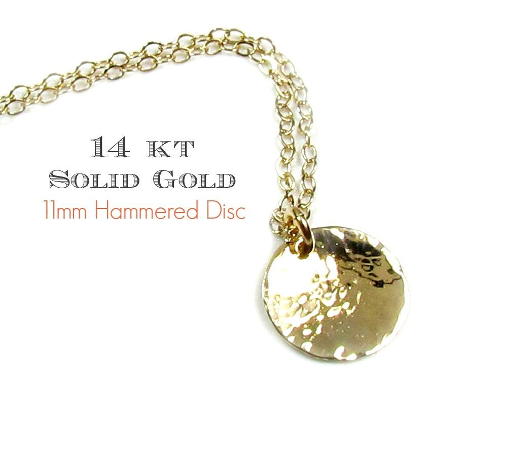 14KT SOLID GOLD Hammered Disc Coin Necklace Hammered Dangling