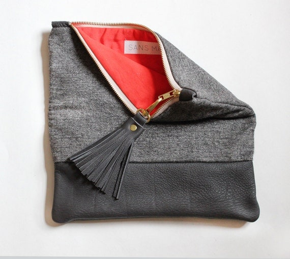 ELODIE leather clutch, fold over clutch in dark grey