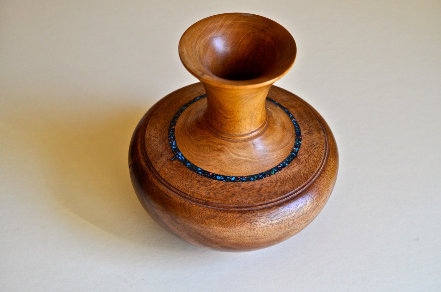 Hand Turned Wooden Vase with Inlaid Turquoise Artist Signed by