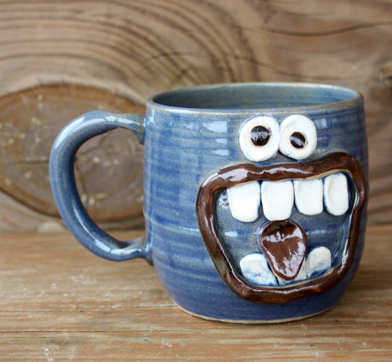 Funny Coffee Cup in Blue. Googly Eye Face Mug. by NelsonStudio