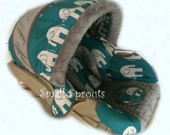 Graco Snugride 30 Alex~Turquoise Elephant/Grey Minky Dot Infant Car Seat Cover 5 piece set-Ready To Ship