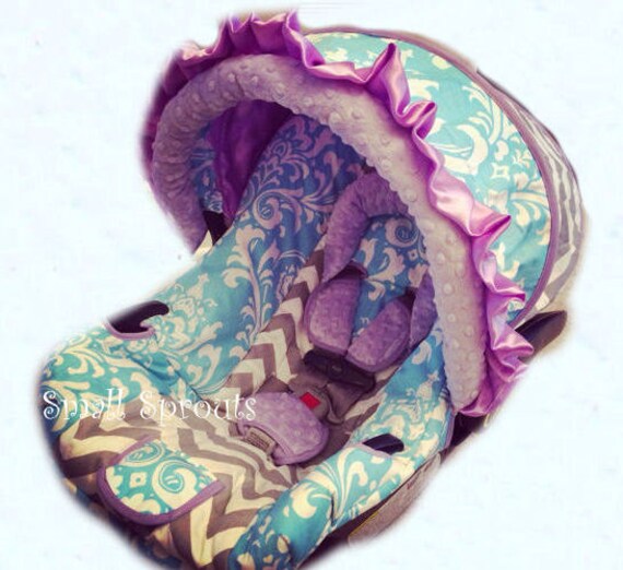 ClarissaAqua Damask/Grey Chevron/Lilac Infant Car Seat Cover