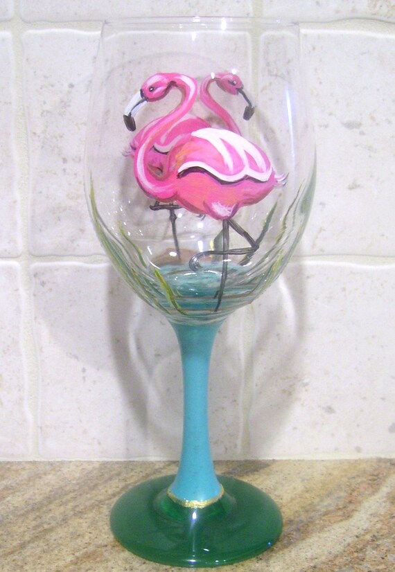 Flamingo Wine Glass Hand Painted Wine Goblet by roseartworks