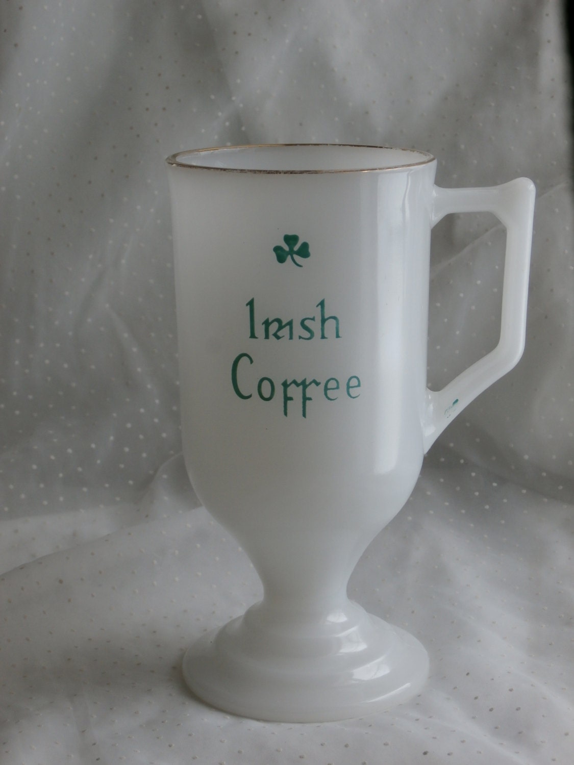 Vintage Irish Coffee Milk Glass Pedestal Mug w Shamrock St
