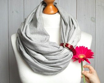 JERSEY Infinity Scarf with leather cuff, FALL fashion infinity scarf, grey snood