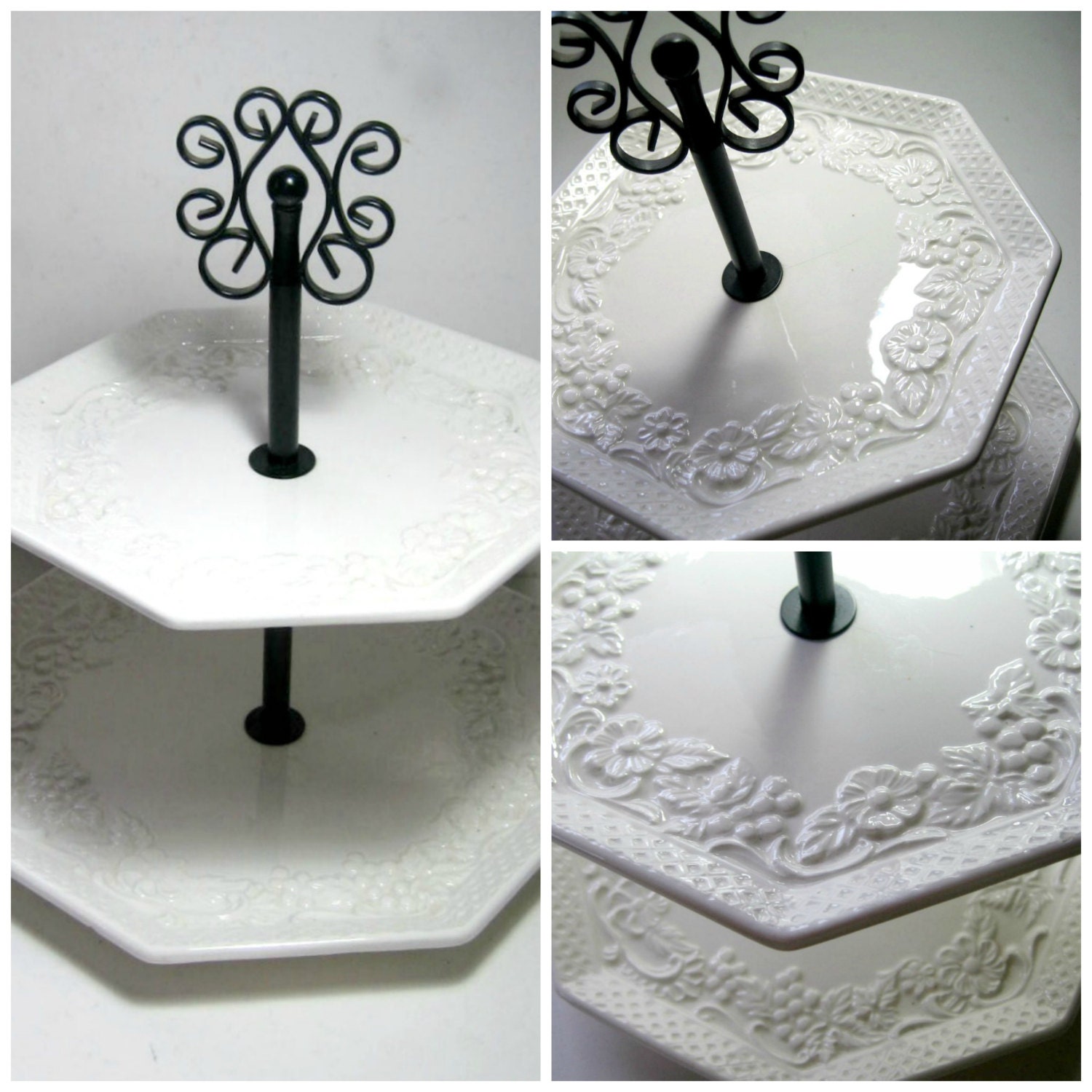 White Two Tier Tray, Vintage White Black Server, Floral White 2 Level