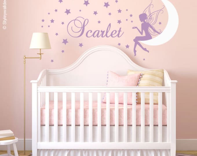Fairy Wall Decal Baby Girl Room Nursery Sticker Personalized Name Wall Decor Stars Wall Decal Moon Wall Decal Fairy Wall Sticker