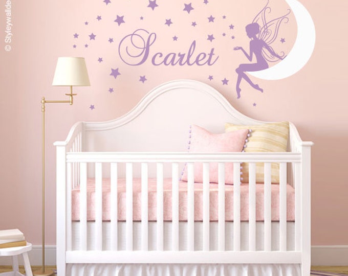 Fairy Wall Decal, Fairy Moon and Stars Wall Decal, Fairy Wall Sticker with Moon and Stars, Fairy Sticker for Girls Room Baby Nursery